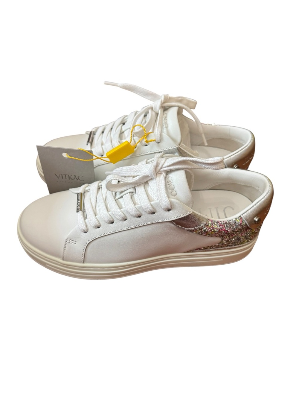 Jimmy Choo White Leather Low-Top Sneakers with Multicolor Glitter Heel